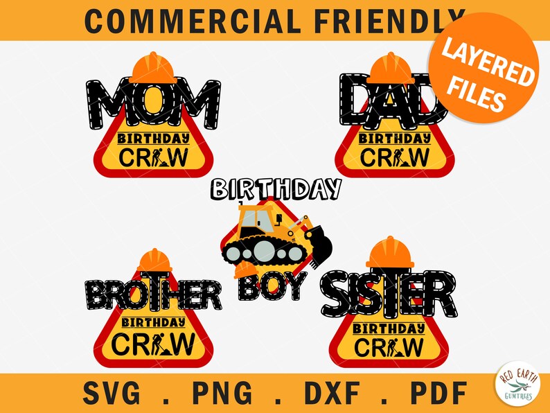 Pu&ograve; includere: Un set di cinque file di taglio SVG a tema costruzione per compleanni. I file presentano un cartello di cantiere giallo con testo nero che recita "Birthday Crew" e una grafica di un operaio edile. I cartelli presentano le parole "Mamma", "Pap&agrave;", "Fratello", "Ragazzo" e "Sorella".