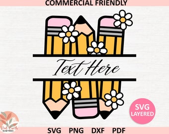 Retro Daisy pencil split frame svg,Coquette school pencil split monogram frame svg,daisy flower teacher svg,Trendy retro Teacher sublimation