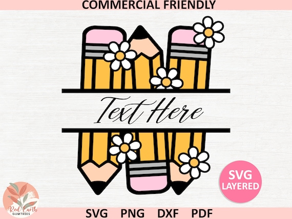 Retro Daisy pencil split frame svg,Coquette school pencil split monogram frame svg,daisy flower teacher svg,Trendy retro Teacher sublimation