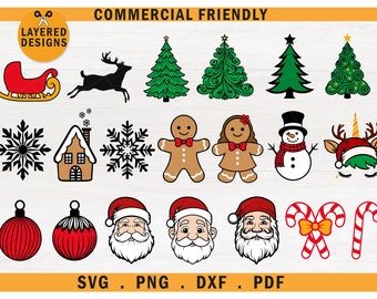 Kerstelementen bundel svg, gingerbread man svg, hoofd van de kerstman svg, kerstbomen bundel, candy cane svg, rendieren eenhoorn svg, sneeuwvlokken svg