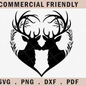 Herten hart paar SVG, gewei hart svg, herten hoofd silhouet, hinde paar bruiloft, herten bruiloft svg, herten paar svg, herten gewei hart svg