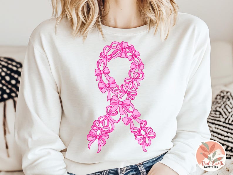Coquette bow Breast Cancer SVG PNG,Pink ribbon Cancer SVG,Cancer Awareness svg,Breast Cancer Shirt, cottagecore cancer ribbon laser cut file image 4
