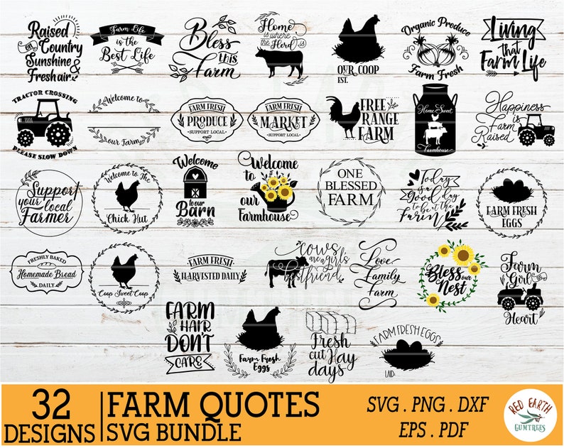 May include: A set of 32 SVG designs featuring farm-themed quotes. The designs are black and white and feature various farm animals, plants, and text. The designs are perfect for creating farmhouse decor, t-shirts, mugs, and other crafts.