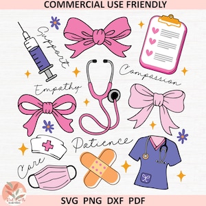 May include: A set of medical-themed illustrations in pink, purple, and blue. Features a stethoscope, bows, a syringe, a clipboard, a nurse's cap, a face mask, a bandage, and a scrub top. Text includes "Support", "Empathy", "Compassion", "Care", and "Patience".