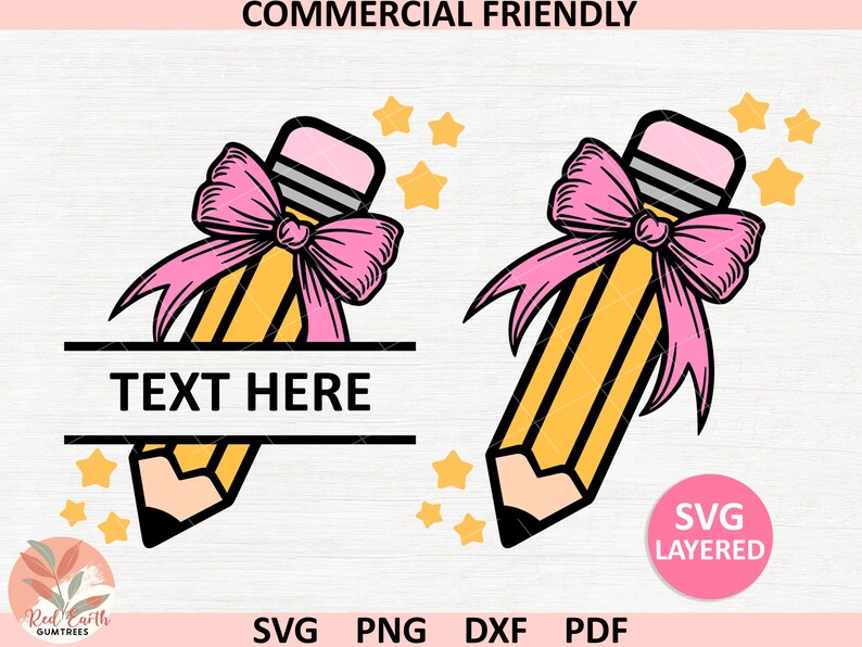 May include: A digital design of a yellow pencil with a pink bow and the text "TEXT HERE" in a black banner. The pencil is surrounded by yellow stars.