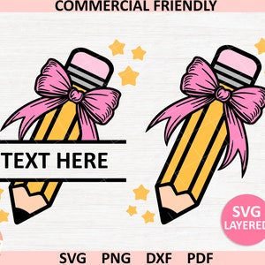 Matita con fiocco Coquette in formato SVG, matita scolastica con fiocco rosa Coquette con cornice monogramma divisa in formato SVG, ritorno a scuola in formato SVG, insegnante Coquette alla moda con sublimazione