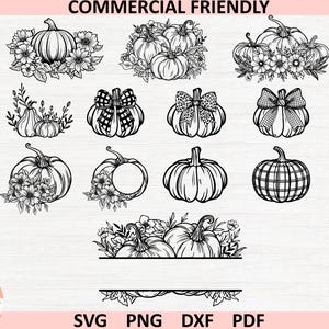 May include: Black and white line art illustrations of pumpkins with floral and bow accents. The image includes various pumpkin designs, some with flowers, bows, and a plaid pattern. Text at the top reads "COMMERCIAL FRIENDLY".