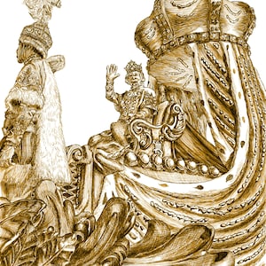 May include: A detailed pen and ink drawing of a king sitting on a throne, wearing a crown and a robe. The king is waving to the crowd. The drawing is in shades of gold.