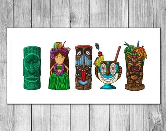 Tiki Mugs - Color-  Tropical Drinks Pen and Ink Drawing Art