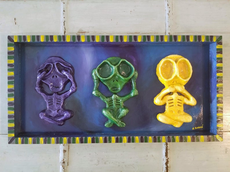 Three wise monkeys Purple, Green, and Gold See No Evil, Hear No Evil, Speak No Evil, Skeleton, Painted Sculpture Wood Panel, New Orleans image 1