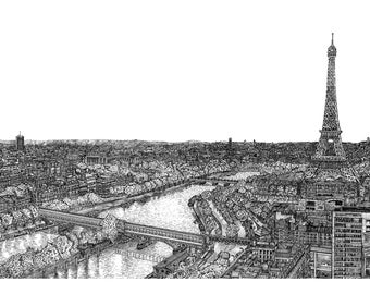 May include: A black and white pen and ink drawing of the Eiffel Tower and the city of Paris, France. The drawing shows the River Seine, bridges, and buildings.