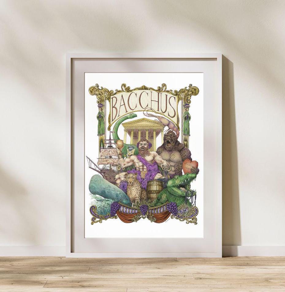 Bacchus - Mardi Gras Krewe Colored Pen and Ink Sketch - New