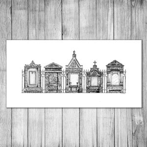 New Orleans Tombs Black and White NOLA Cemetery Art, Pen and Ink Sketch, Graveyard Drawing, Tombstone, Religious, Voodoo image 1