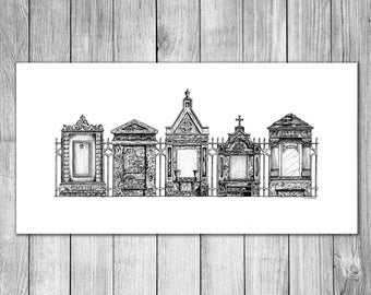 New Orleans Tombs - Black and White -  NOLA Cemetery Art, Pen and Ink Sketch, Graveyard Drawing, Tombstone, Religious, Voodoo