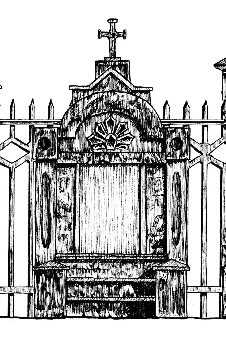 New Orleans Tombs Black and White NOLA Cemetery Art, Pen and Ink Sketch, Graveyard Drawing, Tombstone, Religious, Voodoo 画像 7