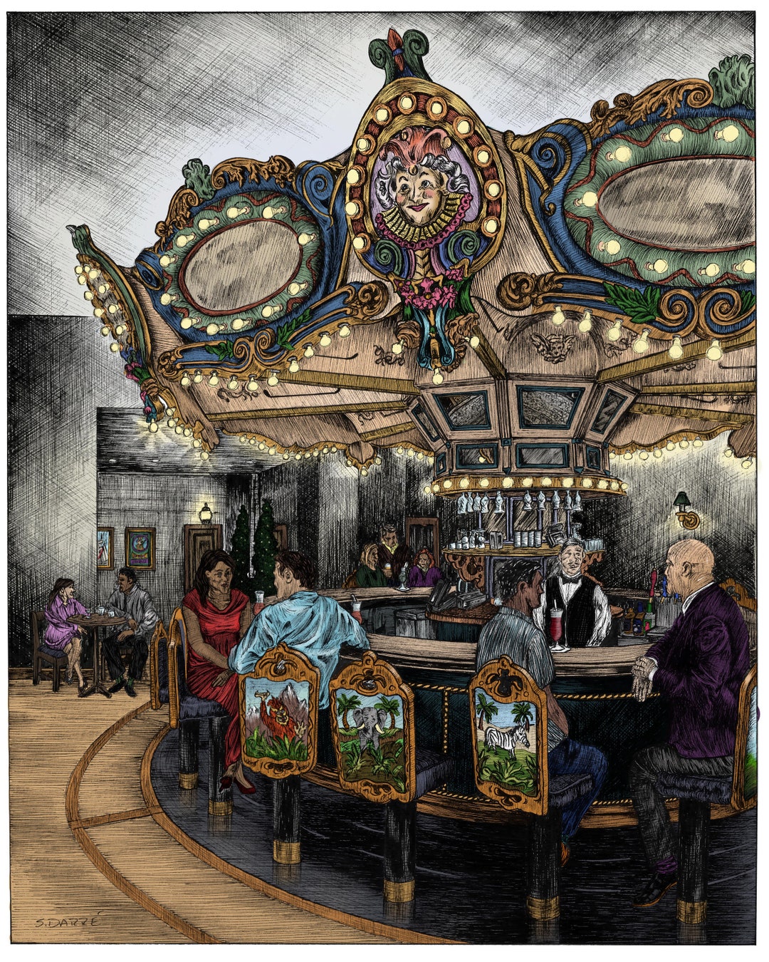 Carousel Bar Print: New Orleans Hotel Monteleone Pen & Ink Sketch