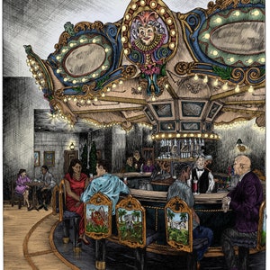 Carousel Bar - Color -  New Orleans Hotel Monteleone Bar, NOLA, Pen and Ink Sketch, French Quarter Restaurant Drawing