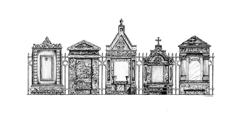 New Orleans Tombs Black and White NOLA Cemetery Art, Pen and Ink Sketch, Graveyard Drawing, Tombstone, Religious, Voodoo image 3