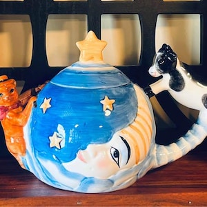 Vintage Whimsical Moon Face Teapot | Celestial Blue Star Tea Pot | Storybook Cottagecore Decor | Collectible Kitchen Display