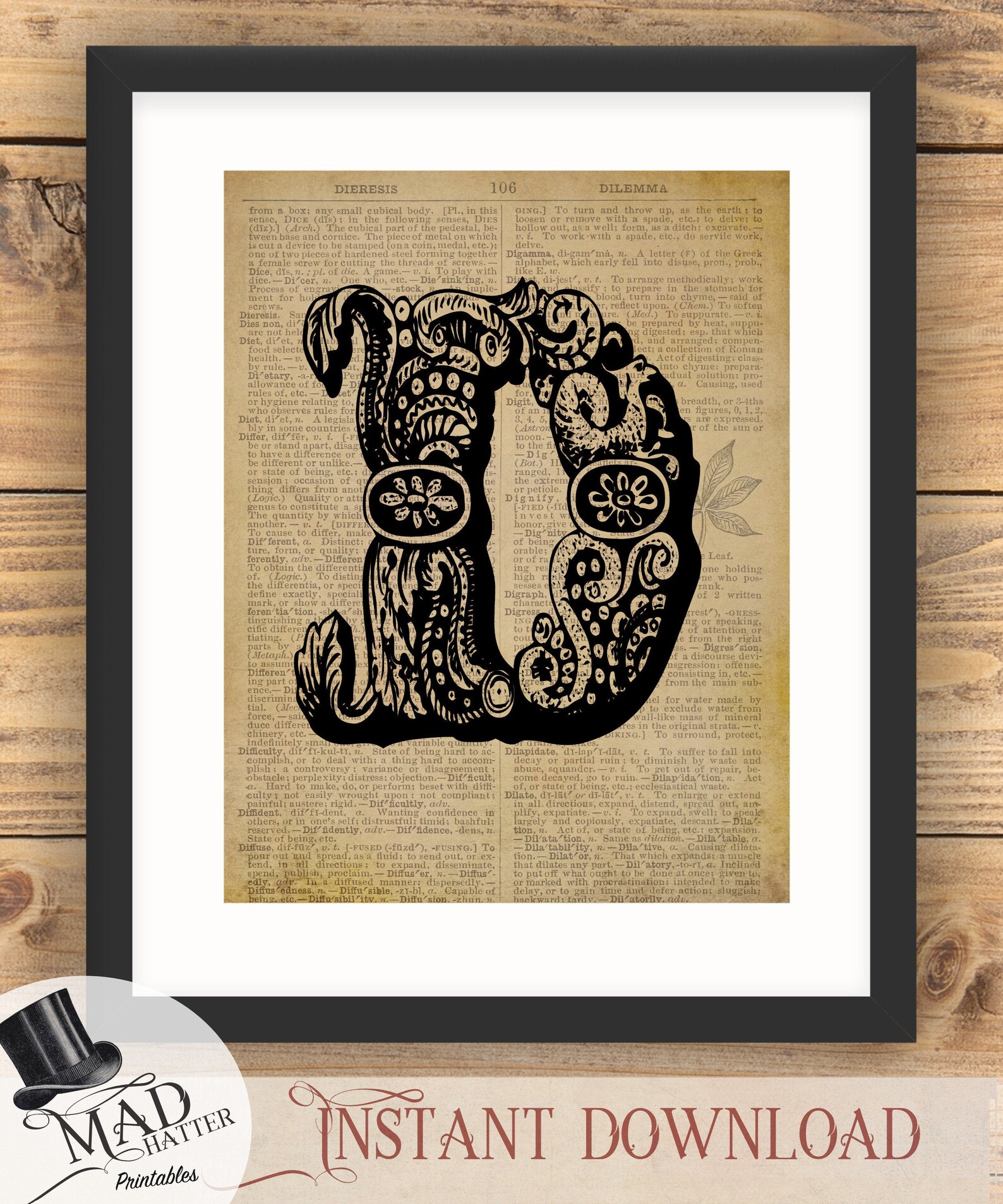 Letter D typography alphabet Printable. Dictionary page art. Etsy
