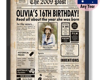 AUSTRALIAN Personalised 16th Birthday Newspaper Poster | Aussie Facts Gift (Digital Artwork or Framed)