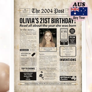 AUSTRALIAN 21st Birthday Newspaper Gift for Man or Woman, Personalised Colour 2004 Poster Year You Were Born Sign, Framed or Digital