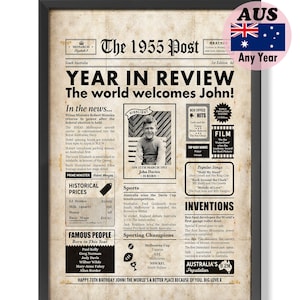 Australian 70th Birthday Gift, 1955 Year You Were Born Newspaper, 70 Years Ago Sign, Genuine AU Seller, Framed or Digital Options