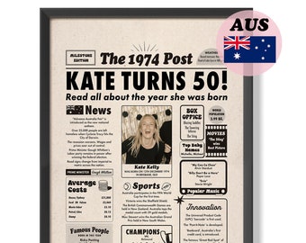 50th Birthday Newspaper Gift for Women and Men, 1974 Colour Digital Poster, Aussie History & Facts, Genuine Australian Seller