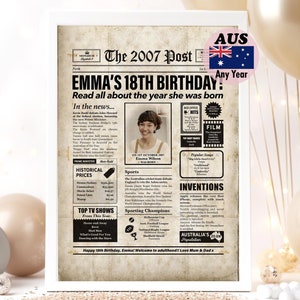 Presente AUSTRALIANO de 18 anos, pôster de jornal de aniversário de 2007, opção digital ou emoldurada