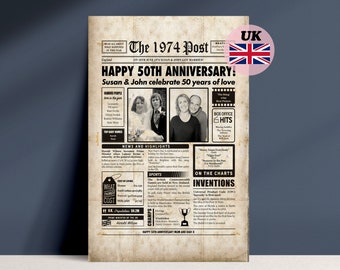 UK 50e verjaardag feestdecoratie, gepersonaliseerde digitale print met toen en nu foto
