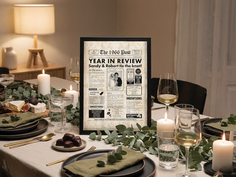 May include: A framed newspaper print titled "The 1966 Post Year in Review." The print features a wedding photo and text, set on a table with candles, plates, and glasses. The scene is lit by a lamp.
