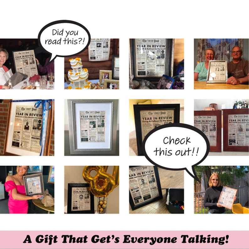 May include: A collection of framed newspaper-style prints, each featuring the headline "Year in Review." The prints are displayed in various settings, with some held by people. The image includes speech bubbles with the phrases "Did you read this?!" and "Check this out!!"