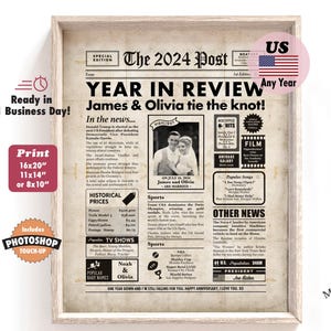 1st Anniversary 2024 Newspaper Gift For Husband or Wife, 1 Year Wedding Anniversary Gift For Couple, 1st Wedding Anniversary US Newspaper