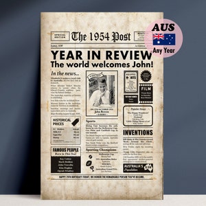 70th Birthday Personalised Poster With Australian References - 1954 Old Newspaper Poster - Digital & Framed Options - Australian Seller