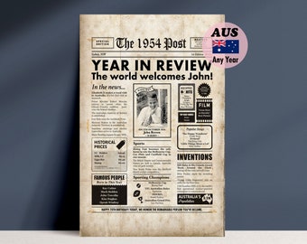 70th Birthday Personalised Poster With Australian References - 1954 Old Newspaper Poster - Digital & Framed Options - Australian Seller