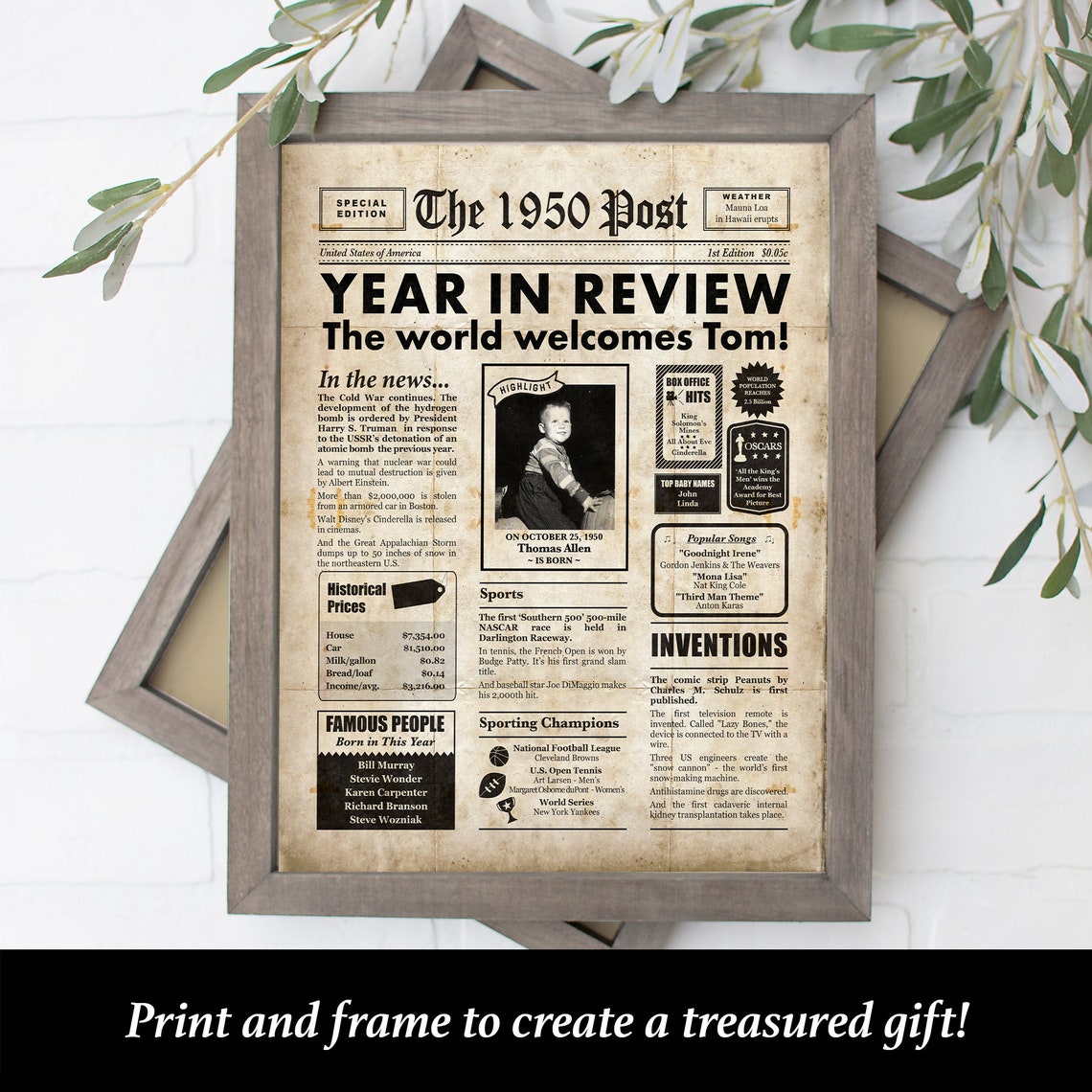 1950 Newspaper Poster Personalized Newspaper Printable Jpg Etsy