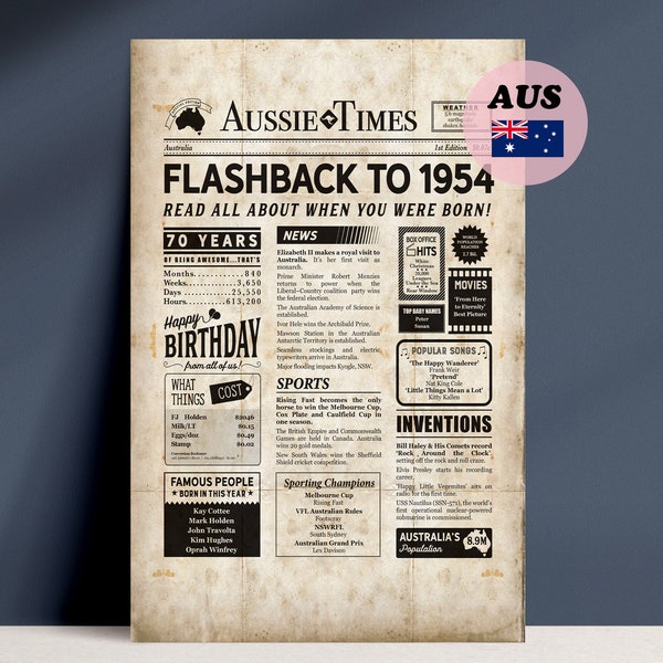 Cadeau australien des 70 ans, journal de 1954 imprimable, impression A2, A3, A4, téléchargement immédiat