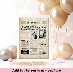 May include: A framed print designed to resemble a vintage newspaper front page. The headline reads "The 1966 Post YEAR IN REVIEW Sandy & Robert tie the knot!" with a photo of a couple. Decorative balloons and ornaments surround the frame.