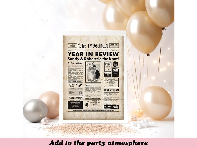May include: A framed print designed to resemble a vintage newspaper front page. The headline reads "The 1966 Post YEAR IN REVIEW Sandy & Robert tie the knot!" with a photo of a couple. Decorative balloons and ornaments surround the frame.