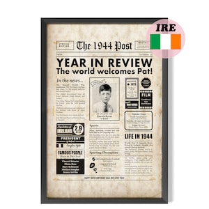 Irish 80th Birthday Newspaper Sign 1944 Digital Personalised Year You Were Born Poster About Ireland image 1