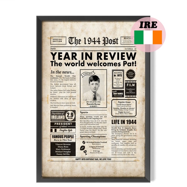 Plaque de journal 80e anniversaire irlandaise - 1944 affiche numérique personnalisée de l'année de votre naissance sur l'Irlande