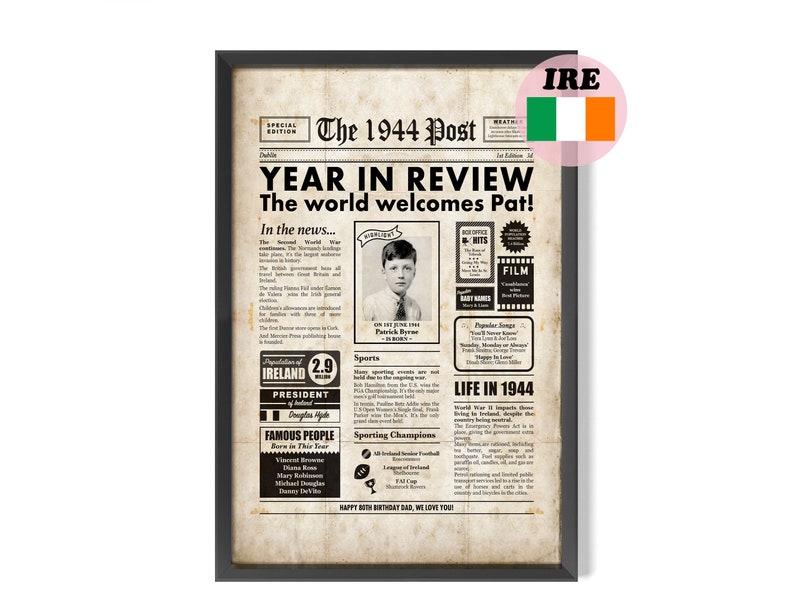 Irish 80th Birthday Newspaper Sign 1944 Digital Personalised Year You Were Born Poster About Ireland image 1
