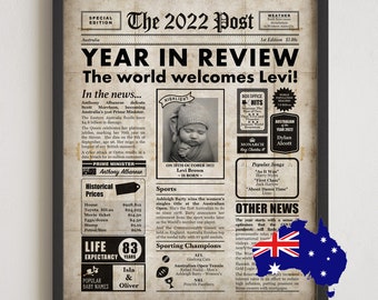 Baby keepsake, gift for newborn, AUSTRALIAN year you were born, 2022 digital newspaper with own photo