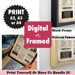 May include: The image showcases a framed print with the option for digital or framed versions. The print features a vintage newspaper design with the text "YEAR" and "FAMOUS PEOPLE." Available in A2, A3, or A4 sizes, with a black or natural frame.