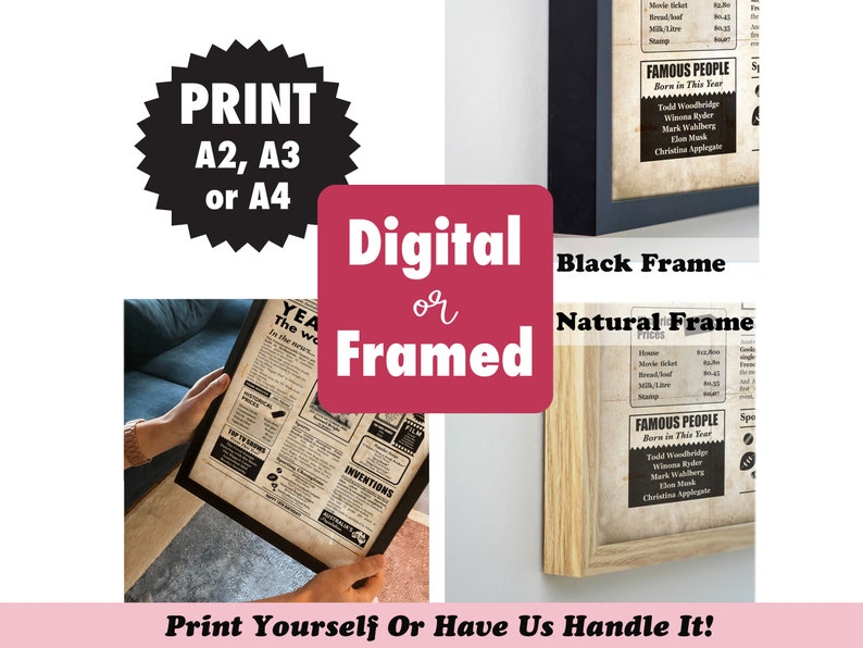 May include: The image showcases a framed print with the option for digital or framed versions. The print features a vintage newspaper design with the text "YEAR" and "FAMOUS PEOPLE." Available in A2, A3, or A4 sizes, with a black or natural frame.