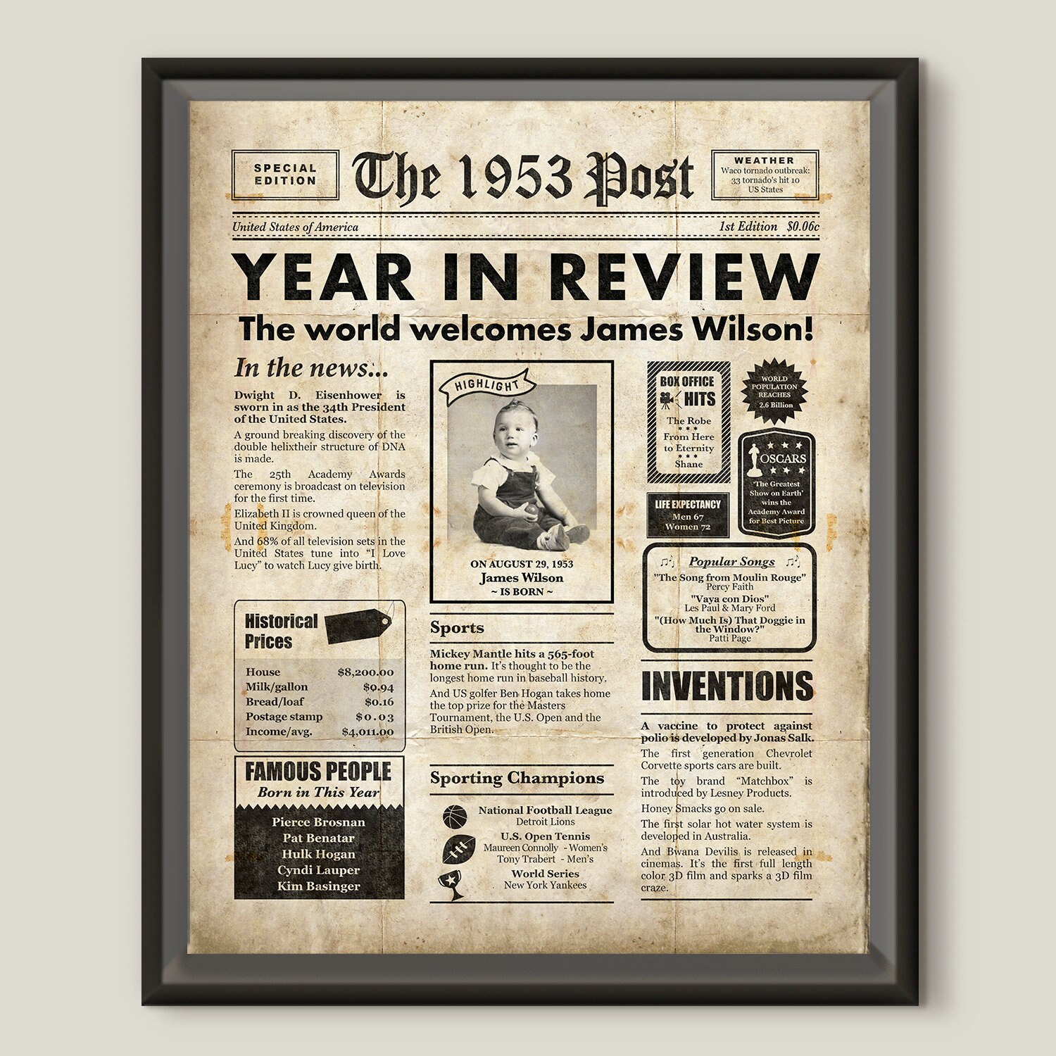 67th birthday gift 1953 newspaper digital poster Etsy