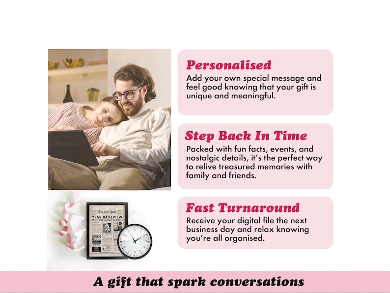 May include: A couple looks at a tablet. Below, a framed newspaper clipping and a clock are displayed. Text reads "Personalised", "Step Back In Time", and "Fast Turnaround". The phrase "A gift that spark conversations" is also present.