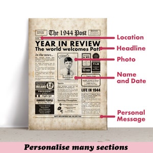 Irish 80th Birthday Newspaper Sign 1944 Digital Personalised Year You Were Born Poster About Ireland imagem 4