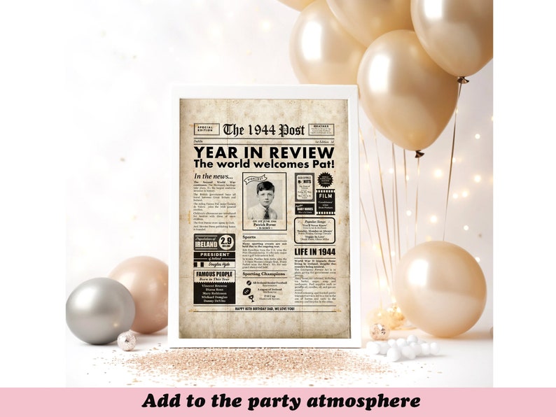 Irish 80th Birthday Newspaper Sign 1944 Digital Personalised Year You Were Born Poster About Ireland imagem 3