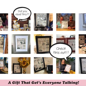 May include: A collage of framed newspaper-style prints titled "Year in Review." The prints feature vintage-style layouts with headlines and images. People are shown holding the framed prints. Text bubbles say "Did you read this?!" and "Check this out!!"